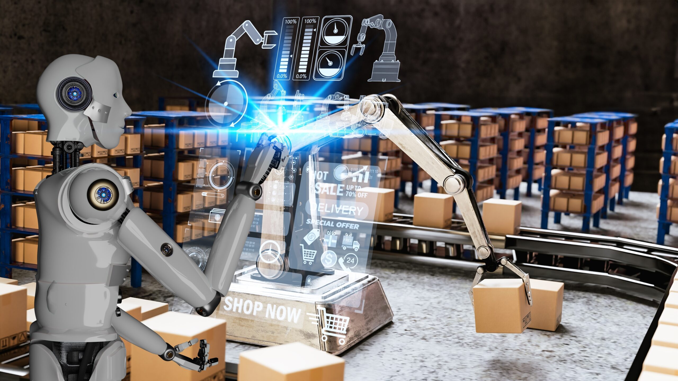 AI Robot arm Industrial technology Arm Robot AI manufacture Box product manufacturing industry technology Product export import future Products food cosmetics apparel warehouse mechanical future